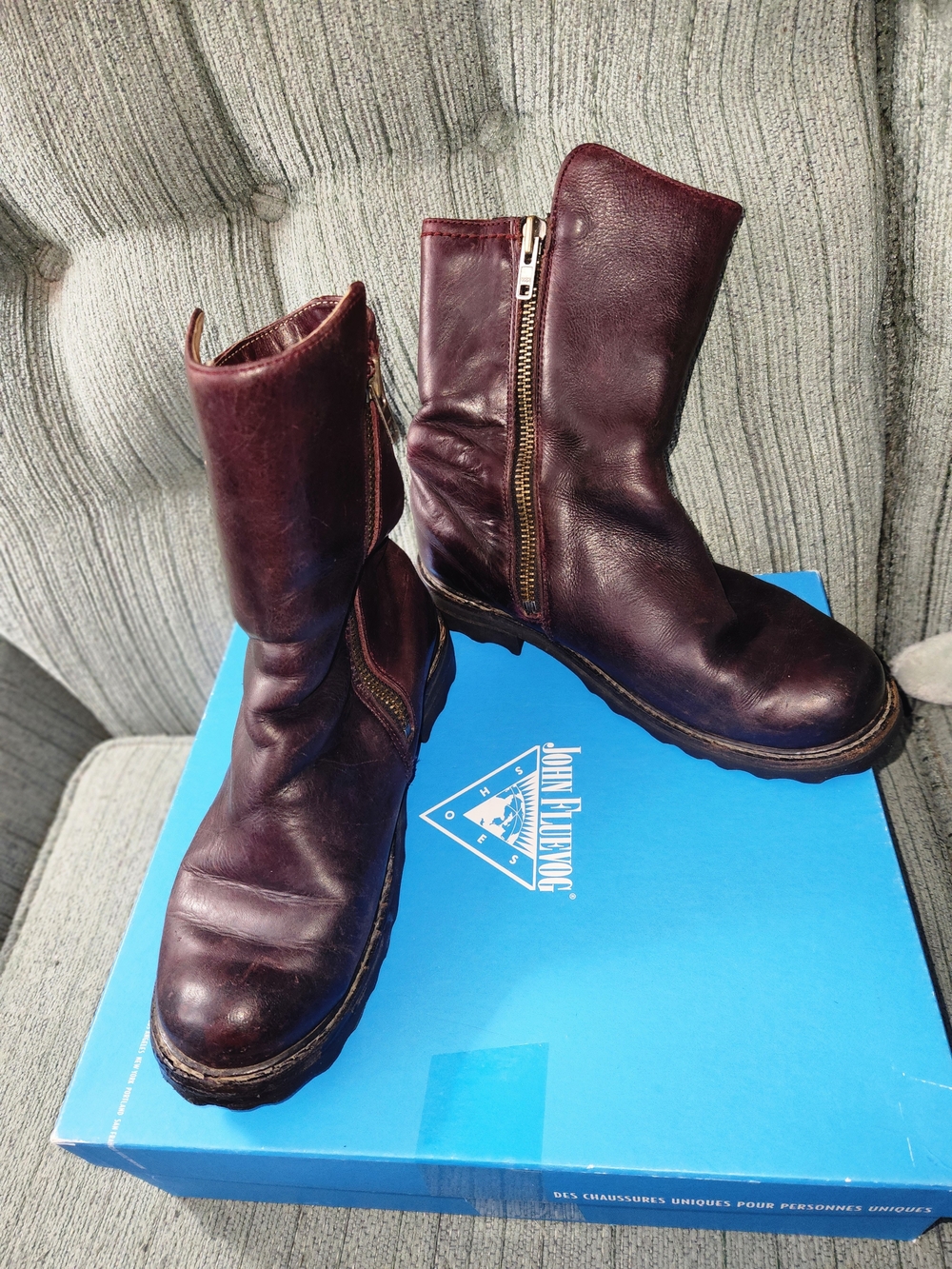 🍉John Fluevog Bing F Shoes Burgundy Leather Zip Boots